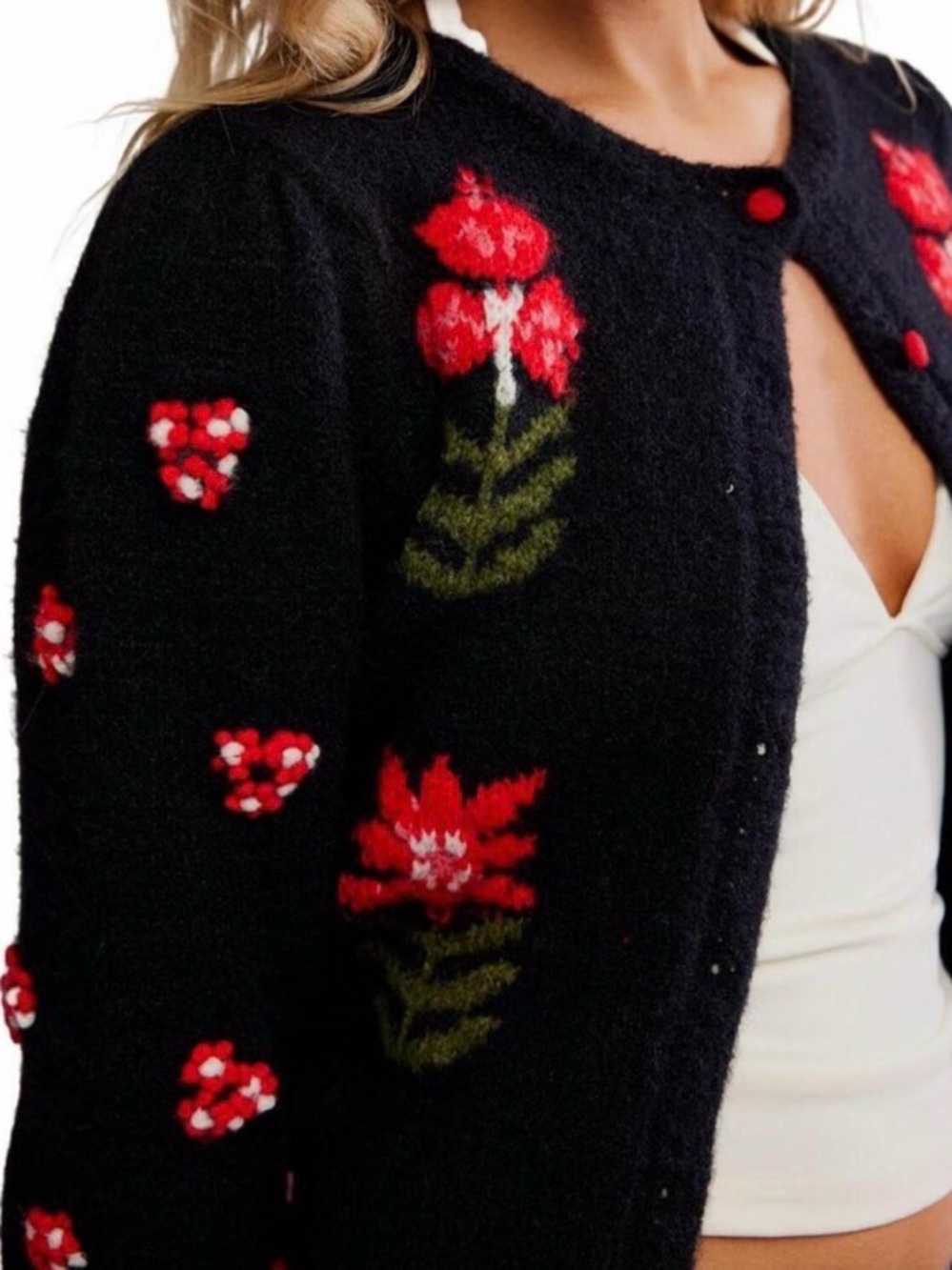 NWT Free People Navy Cropped Cardigan with Red Floral Knit - Picture 3 of 3